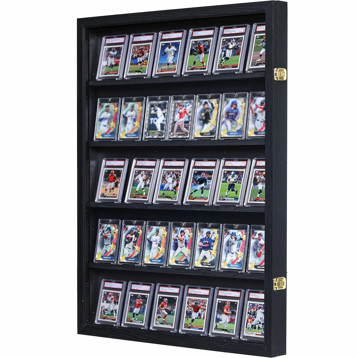 Baseball Card Display Case - 35 Graded Card Display Frame - Holds Sport Cards with UV Protection Clear View Cabinet for Football Hockey Trading Card, Large Black (1 Pack)
