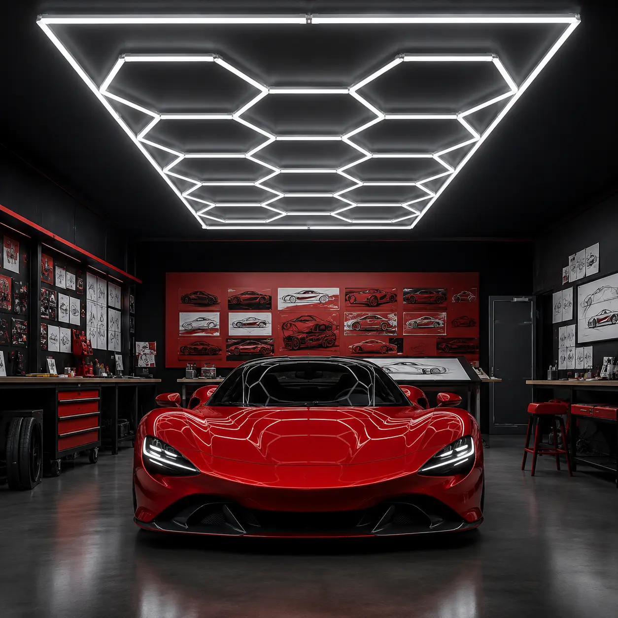 720W Hexagon LED Garage Ceiling Grid Light System, Ultra Bright Hexagonal Lighting Kit with PC Insulation Material, Cable Ties, Screws for Car Detailing Shop, Workshop (6500K White)