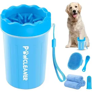 Professional 7 in 1 Dog Paw Cleaner for Dogs & Cats - Includes 1 Portable Paw Washer, 1 Bath Brush, 2 Dog Toothbrushes and 3 Absorbent Towels Note: Fits Paws 1.5 to 2.5 Inches Wide (Medium, Blue)
