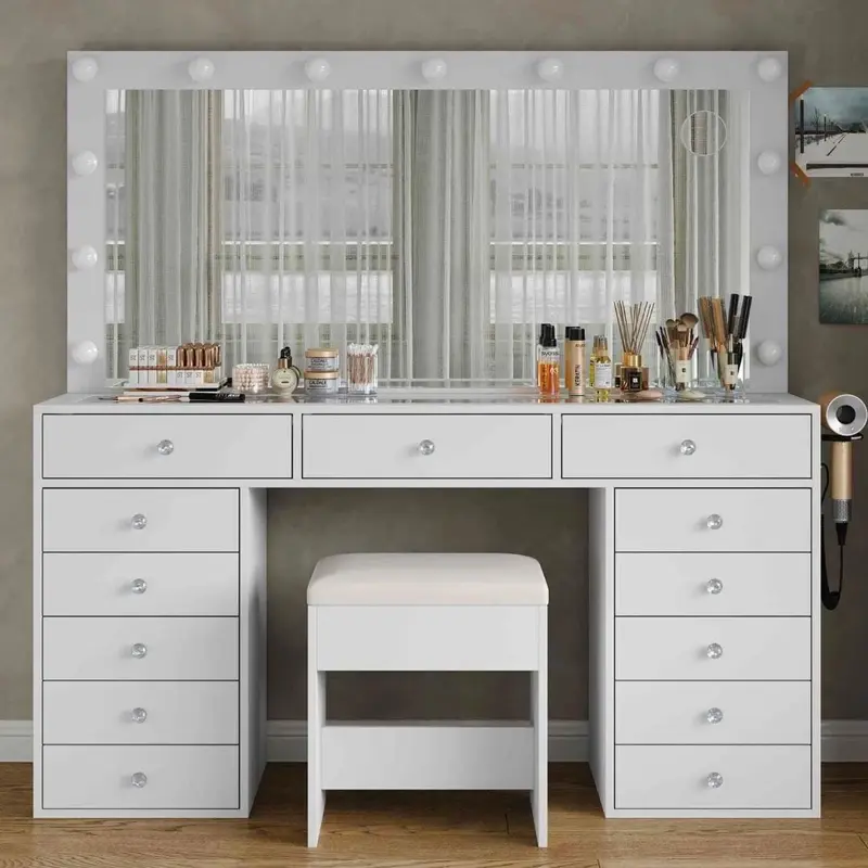 13-Drawer Vanity Desk with Mirror, 13 LED Bulbs, Glass Top & Power Outlet