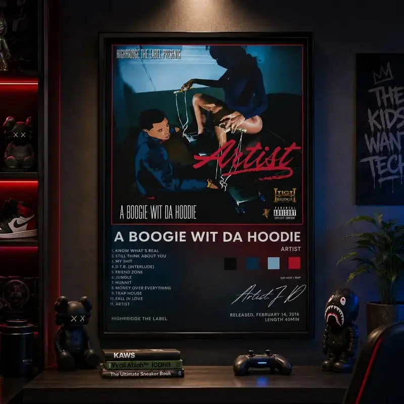 A Boogie wit da Hoodie "Artist" Album Cover Canvas Wall Art - Artistic Signed Rap Poster with Full Tracklist Color Palette, Highbridge Hip Hop Decor for Man Cave Bedroom, Framed/Unframed Multiple Sizes, Cool Unique Bedroom Room Decor, Bedroom Decor