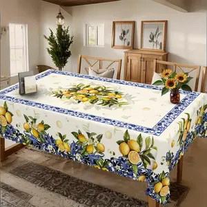 1 piece, vintage lemon floral tablecloth - blue and white leaf design, rectangular table cover suitable for Easter spring and summer, kitchen dining BBQ picnic decoration, BBQ tablecloth | vintage lemon pattern