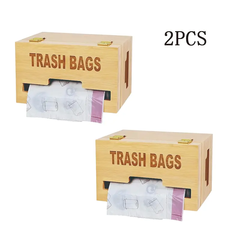 2PCS Bamboo Trash Bag Dispenser & Organizer - Wall Mount or Countertop Grocery Bag Holder with Lid | Universal Fit for All Sizes Rolls | Easy 2-Min Install for Kitchen/Bathroom/Laundry Room