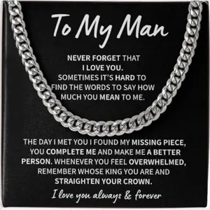 To My Man Cuban Chain Necklace, Romantic Necklace Gift Idea for Valentine, Soulmate Jewelry with Message Card Box, Real Chains for Men