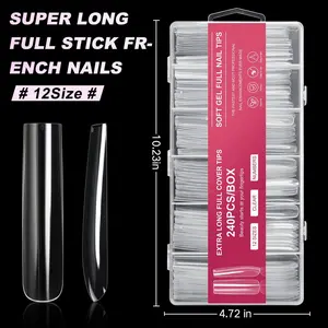 240Pcs XXXL Extra Long Tapered Square Nail Tips, Clear Full Cover False Nails, 12 Sizes Press on Fake Nails for Acrylic Nail Art Salon Home DIY with Box