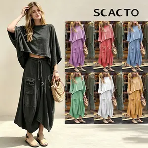 Scacto Women's 2-Piece Basic Casual Solid Color Loose-Sleeved Top & Pants Set - Polyester Fabric, Summer Street Style, Fits Matching Outfits Inspo, Comfortable Daily Wear