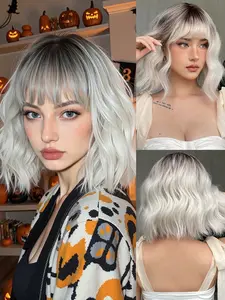 Wavy Bob Wig with Bangs Natural  Ombre Silver Grey Wigs Synthetic Hair , Short Curly Wigs for Women(12inch )