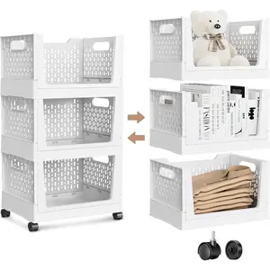 Stackable Storage Bins, Folding Collapsible Closet Organizers and Storage Bins Box, Plastic Shelves Drawer Organizer Container for Closet Office Bedroom Kitchen Bathroom with Wheels, White, 3 Pack