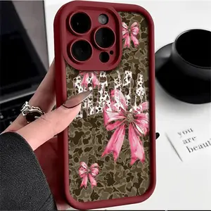 Pink Bow & Camo "MAMA" Phone Case, Contrast Aesthetic Shockproof TPU Cover - Bold Feminine Protective Shell for iPhone 17 Air 16 15 16e 14 13 12 11 Pro Max Plus X XS