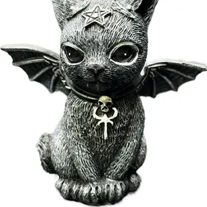 Resin Witchy Bat Cat Figurine with Star Crown and Skull Necklace Gothic Decor
