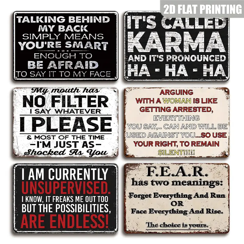 6 Pcs Funny Sarcasm & Inspirational Metal Wall Art Posters Decorative Signs & Plaques, Vintage Metal Sign, 8x12 Inch Rectangle Tin Signs For Man Cave, Home, Bedroom, Living Room, Garage, Pub, Bar Art Decoration