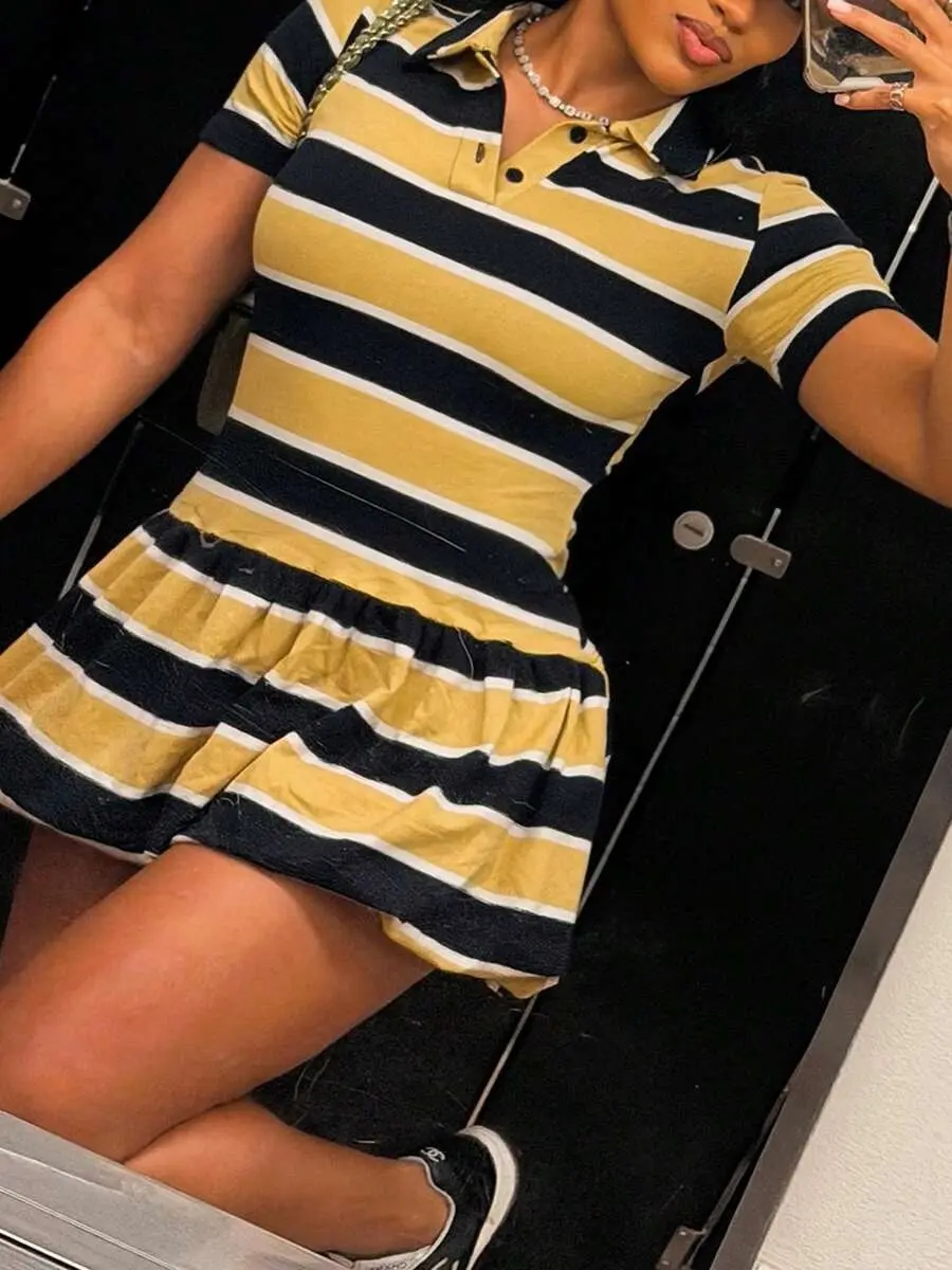Sporty Chic Striped Polo Collar Mini Dress | Short Sleeve Ruffle Hem Fitted Tennis Shirt Dress for Women Daily Wear, Summer Festival & Outing