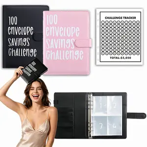 A5 100 Envelope Savings Challenge Planner With Waterproof Plastic Cash Pouches Savings Memo Card White Black Classic Colors