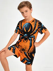 Boys Summer Cool Set Spider Full-Print T-Shirt & Short Pants, Casual Fitted Two-Piece, Natural Waist Track Shorts
