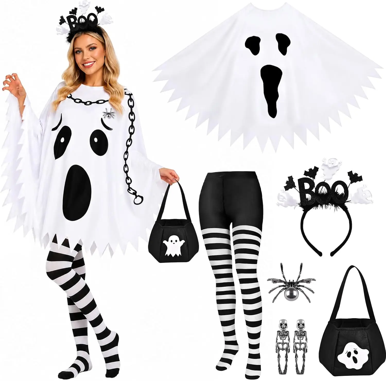 6 PCS Halloween Costume Set for Women Adult, Perfect for Halloween | All-in-One Halloween Costume Set with Double-Sided Poncho, Striped Tights, Candy Bag, Earrings & Brooch for Halloween Cosplay