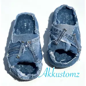 Custom Distressed Denim Slides Women Slipper Footwear Girl Comfort Flipflop Shoe