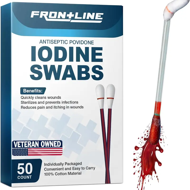Povidone Iodine Swabs, Antiseptic Swabsticks, Iodine Solution, Cleansing Cotton Swab, Individually Wrapped Medical Supplies, Wound Care, First Aid, Wound Cleaner, Box of 50