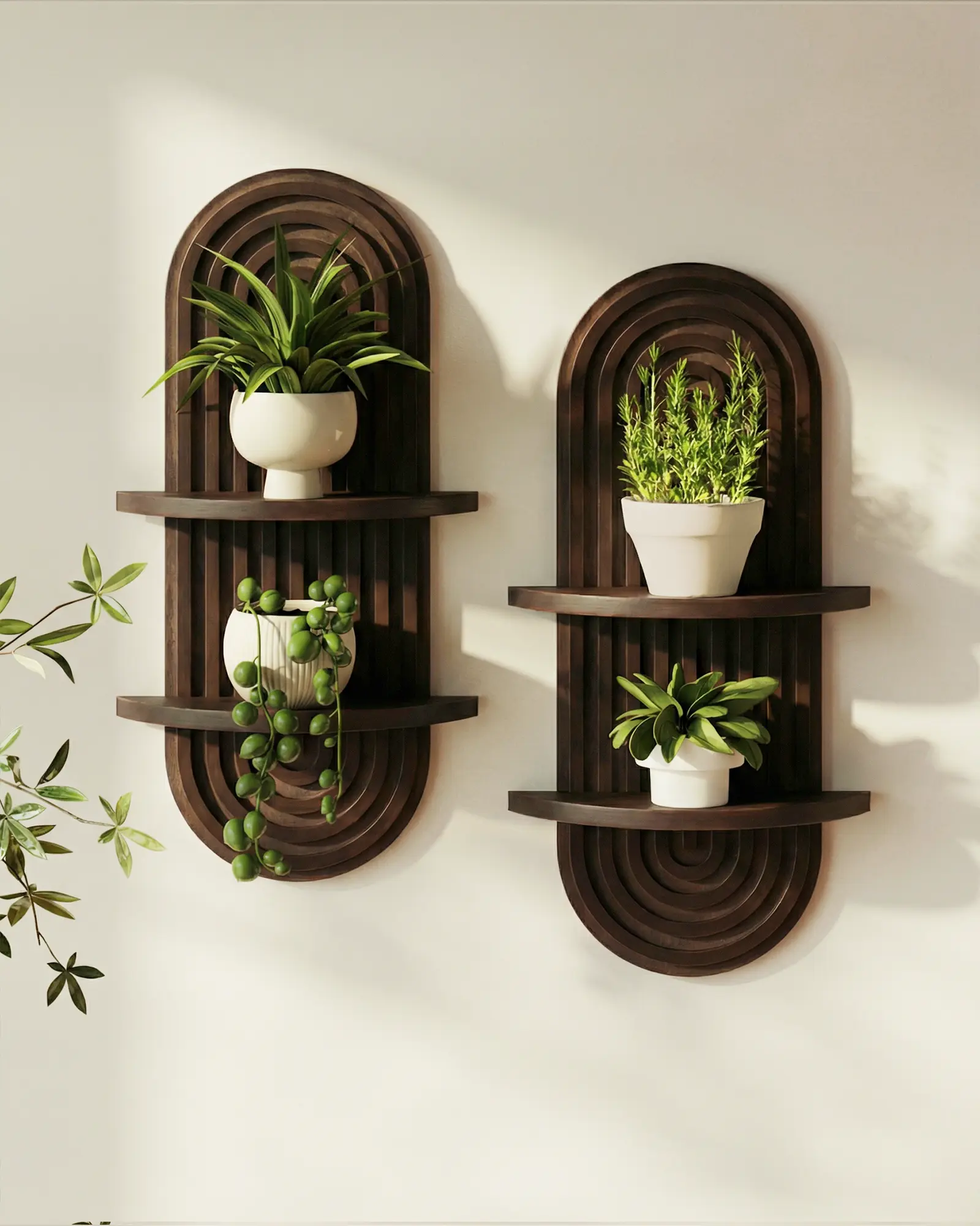 Bamworld Boho Wall Decor 1/2pcs Plant Wall Shelf, Mid Century Modern Decor Hanging Plant Shelf, 2-Tier 1-Tier Wooden Floating Shelves for Home, Bathroom Bedroom Living Room, Office Planter Decoration Walnut