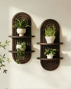 Bamworld Boho Wall Decor 1/2pcs Plant Wall Shelf, Mid Century Modern Decor Hanging Plant Shelf, 2-Tier 1-Tier Wooden Floating Shelves for Home, Bathroom Bedroom Living Room, Office Planter Decoration Walnut