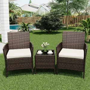 3 Piece Rattan Outdoor Patio Bistro Set  PE  Wicker Conversation Furniture, 2 Chairs & Coffee Table  All-Weather, Space-Saving Patio Set for Porch, Balcony, Garden, Backyard