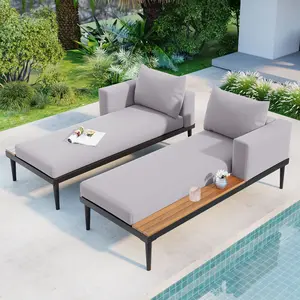 Direct Wicker UBS-SP100013AAE Outdoor Garden Daybed, Modern Lounge Chair with Wood Topped Side Spaces for Drinks