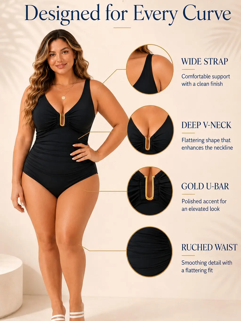Girlsnufit Women's High Stretch Plus Size Monokini Swimwear, Chic 1-Piece Ruched Tummy Control Deep V-Neck Swimsuit with U-Bar, Buckle & Quick-Dry Slim Fabric, High Stretch Swimwear, Chic Swimsuit Swimsuits Tummy Control Swimsuit Sculpting Cutout