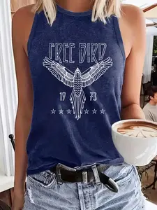 Women's Vintage Graphic Bird Print Round Neck Tank Top, Casual Sleeveless Top for Summer, Ladies Clothes for Daily Wear, Socks