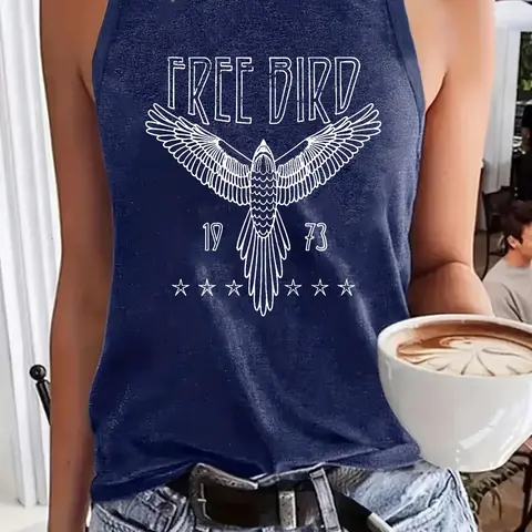 Women's Vintage Graphic Bird Print Round Neck Tank Top, Casual Fitted Sleeveless Design Top for Summer, Ladies Clothes for Daily Wear, Socks