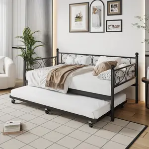 Gaomon Twin-Size Metal Modern Platform Daybed Frame with Trundle, Floral Headboard, Heavy-Duty Steel Slats Support, Locking Casters, U-Groove Ease, for Living Room & Guest Room - Black, Modern Platform Bed
