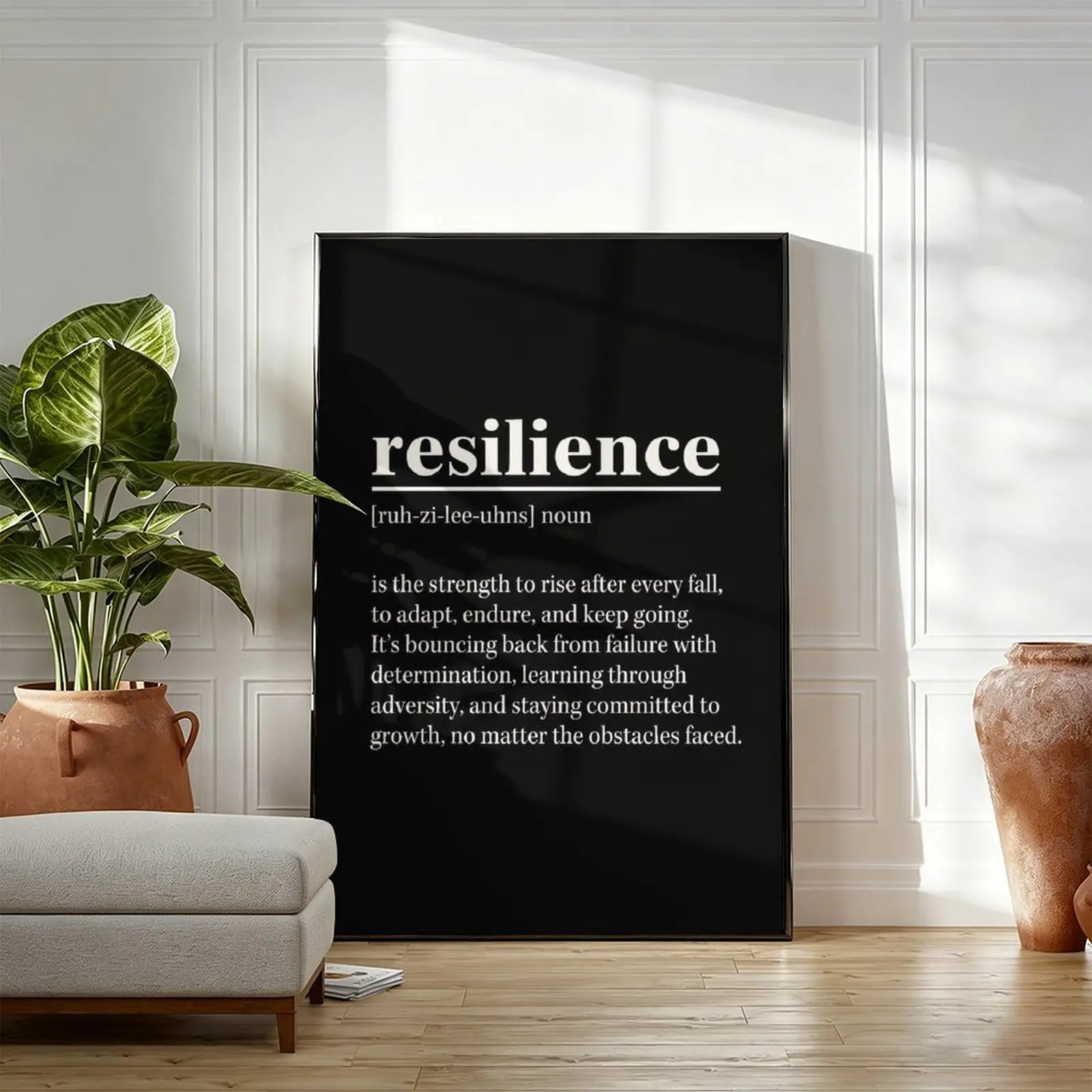 Resilience Definition Canvas Wall Art, Minimalist Black And White Typography Poster, Self-Growth Motivational Quote Decor for Office Bedroom, Dark Academia Gift