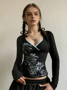 Vintage Floral Print Slim Fit V Neck Long Sleeve Autumn New Fashion Y2K Aesthetic Knit Top, Retro Style Moderate Fabric Women's Clothing, Knitwear