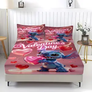 Stitch Patterned Fitted Sheet,Valentine's Day Heart Element Print,Including 1 Bed Sheet and 2 Pillowcases,Anti Slip Dust Cover Suitable for Bedrooms and Guest Rooms,Suitable for Personal Use or Gift Giving