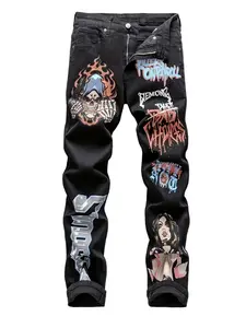 Men's Gothic Skull & Flame Print High Street Jeans, Black Washed Graffiti Straight Leg Denim Pants
