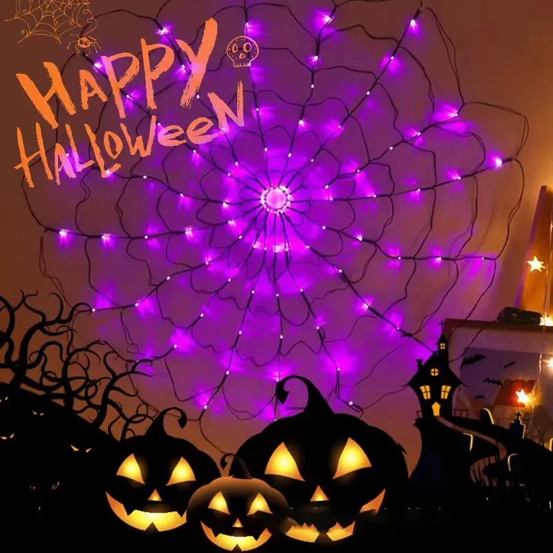 Giant Spider Web LED Lights, 47.2 in Halloween Web Lights with 11.8 in Furry Spider, 8 Modes Orange Lights for Porch Yard Indoor Outdoor Decor