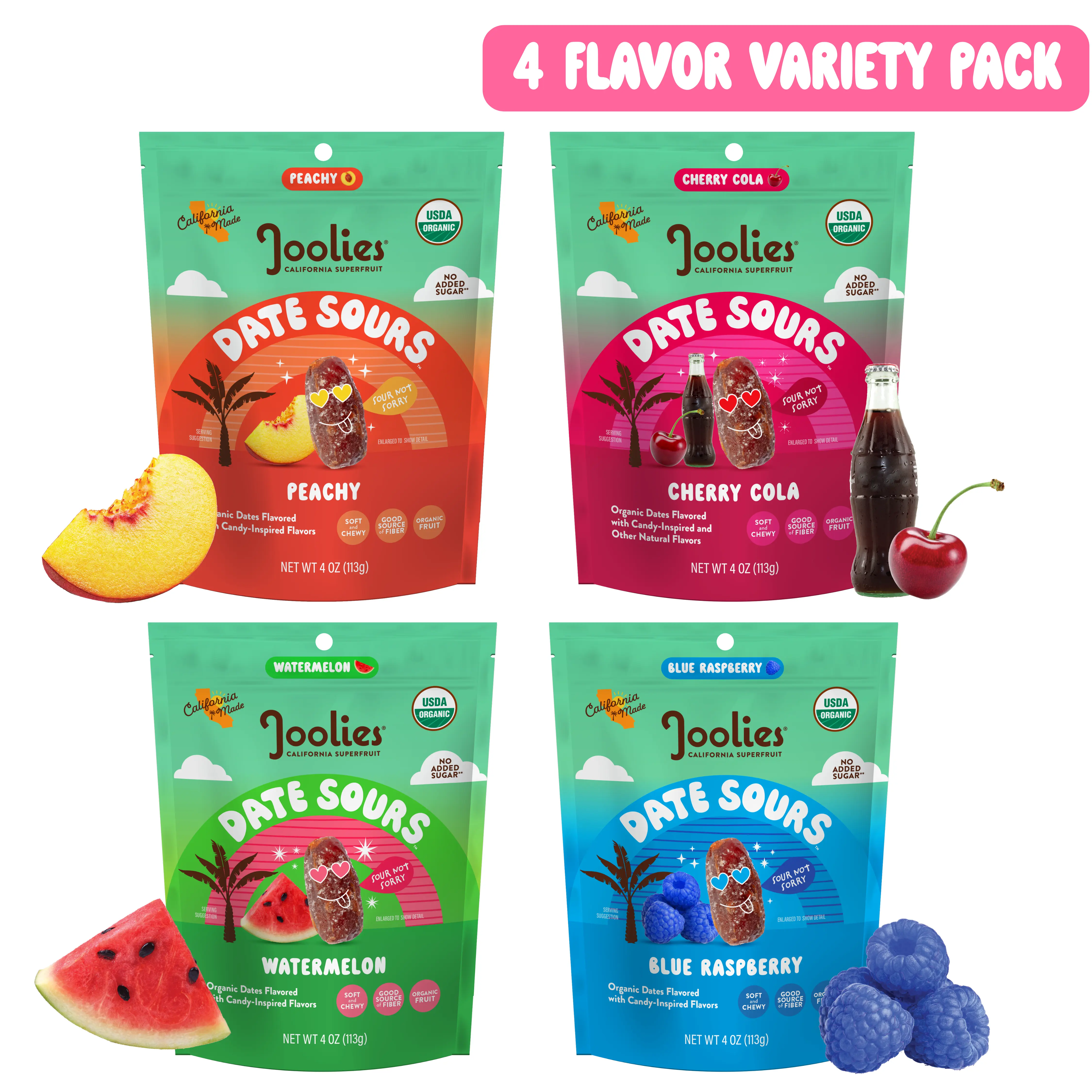 Joolies Date Sours 4-Flavor Variety Pack - Watermelon, Blue Raspberry, Peachy, Cherry Cola - Organic Chewy Sour Candy Made with Dates