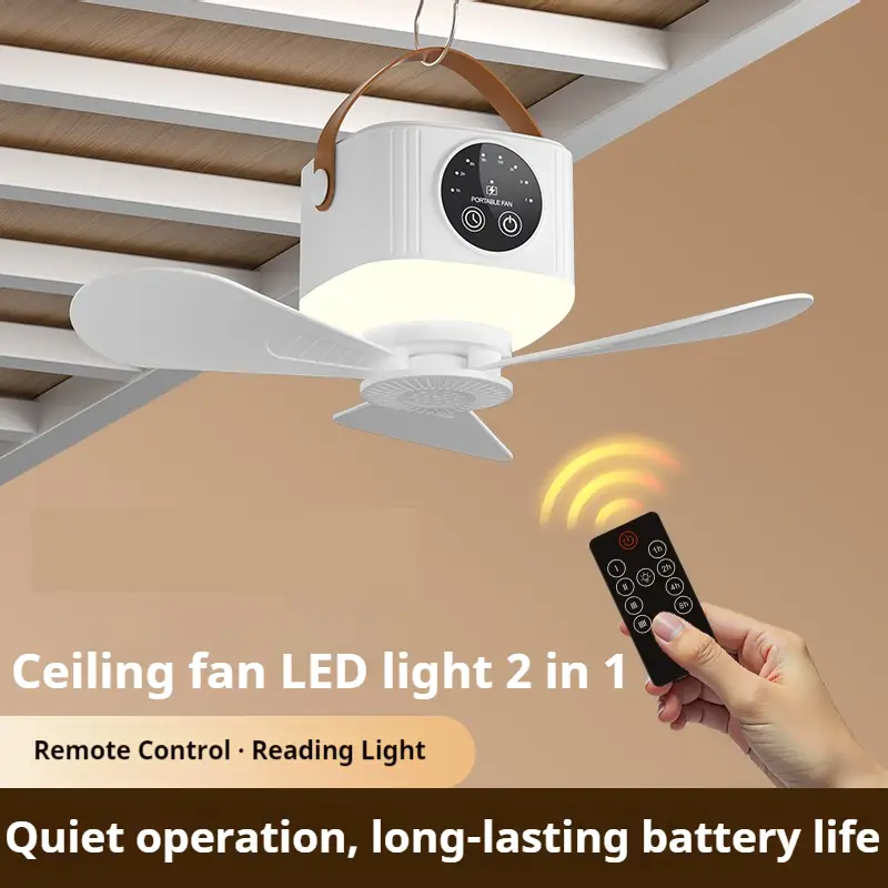 Long-Lasting Battery Portable USB Rechargeable Ceiling Fan with Night Light - Ideal for Camping, Dorms & Outdoor Use, Powerful Wind Remote Control，Por