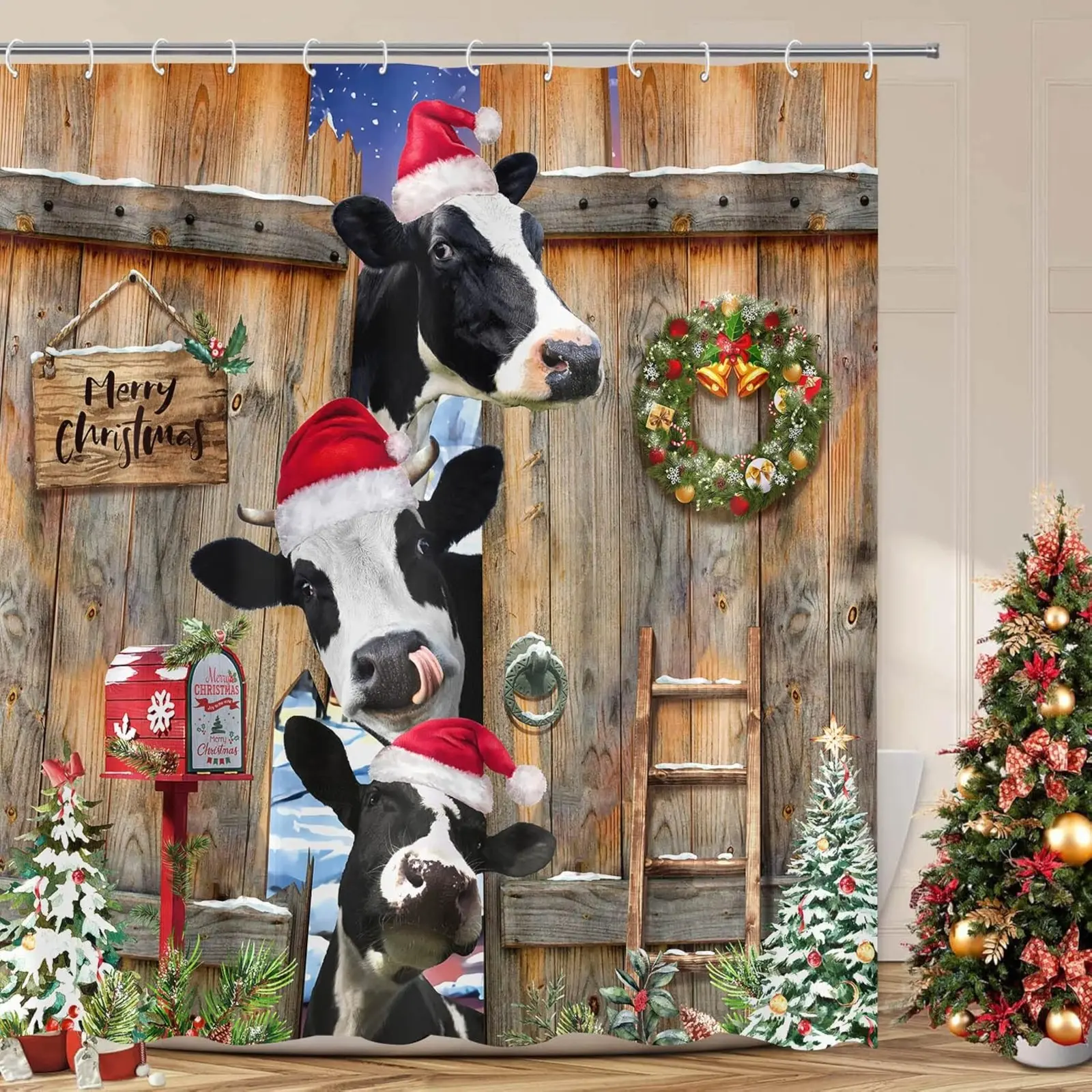 Christmas Shower Curtain Set Funny Farmhouse Cow Snowman Pumpkin Shower Curtains for Bathroom Rustic Winter Xmas Tree Cute Waterproof Fabric Bath Curtain Decor