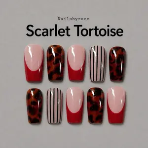 Nailsbyruee | Scarlet Tortoise Press On Nails - Red French tips mixed with tortoise shell and stripe designs 10pcs