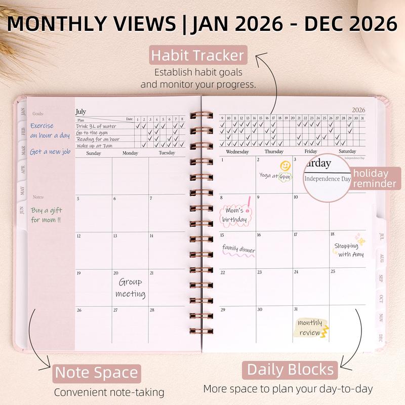 2026 Planner - Weekly and Monthly Planner Spiral Bound, Jan 2026 - Dec 2026, Hardcover Planning Agenda book with Tabs, Inner Pocket, Aesthetic, Academic, Planner Notebook, Perfect for Office Home School Supplies