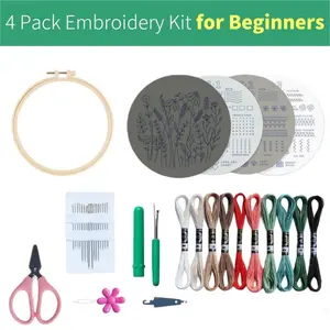 4 pcs Beginner Embroidery Kits for Adults Stamped Cross Stitch Kits, Embroidery Hoop, Colorful Threads, Tools, Step-by-Step Instructions