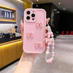 Bow iPhone Case with Bracelet, Shockproof Full Protection Phone Cover Accessories for Girls, Fits iPhone 11 to 16 Including Pro Models