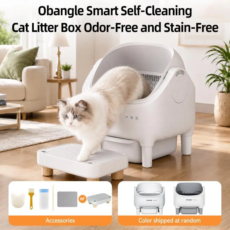 Obangle Extra-Large Open-Top Universal Size Automatic Litter Box - Smart, Auto Clean, App Control, Odor Removal, Safety Protections, 2-Color Options, Waste Sifting, Cleaning Kit Included, For Busy Professionals