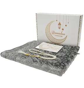 Luxury Velvet Prayer Rug Ramadan Gift Box Set with Prayer Beads - Floral Stamp Silver Grey