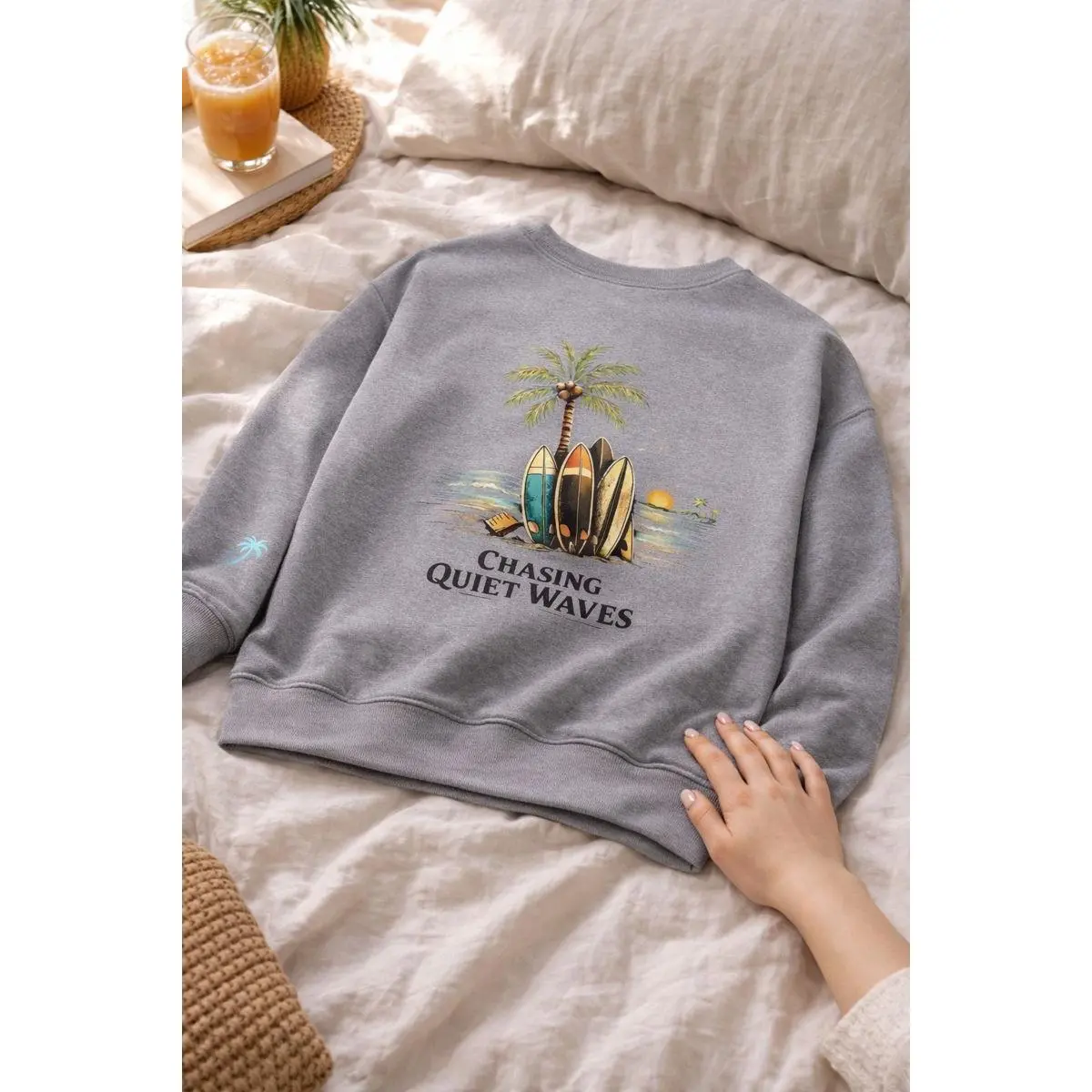 Chasing Quiet Waves White Crewneck Sweatshirt Surfboards Palm Tree Coastal Graphic Sweatshirt | Cozy Beach Vibes | GreenPalm Exclusive