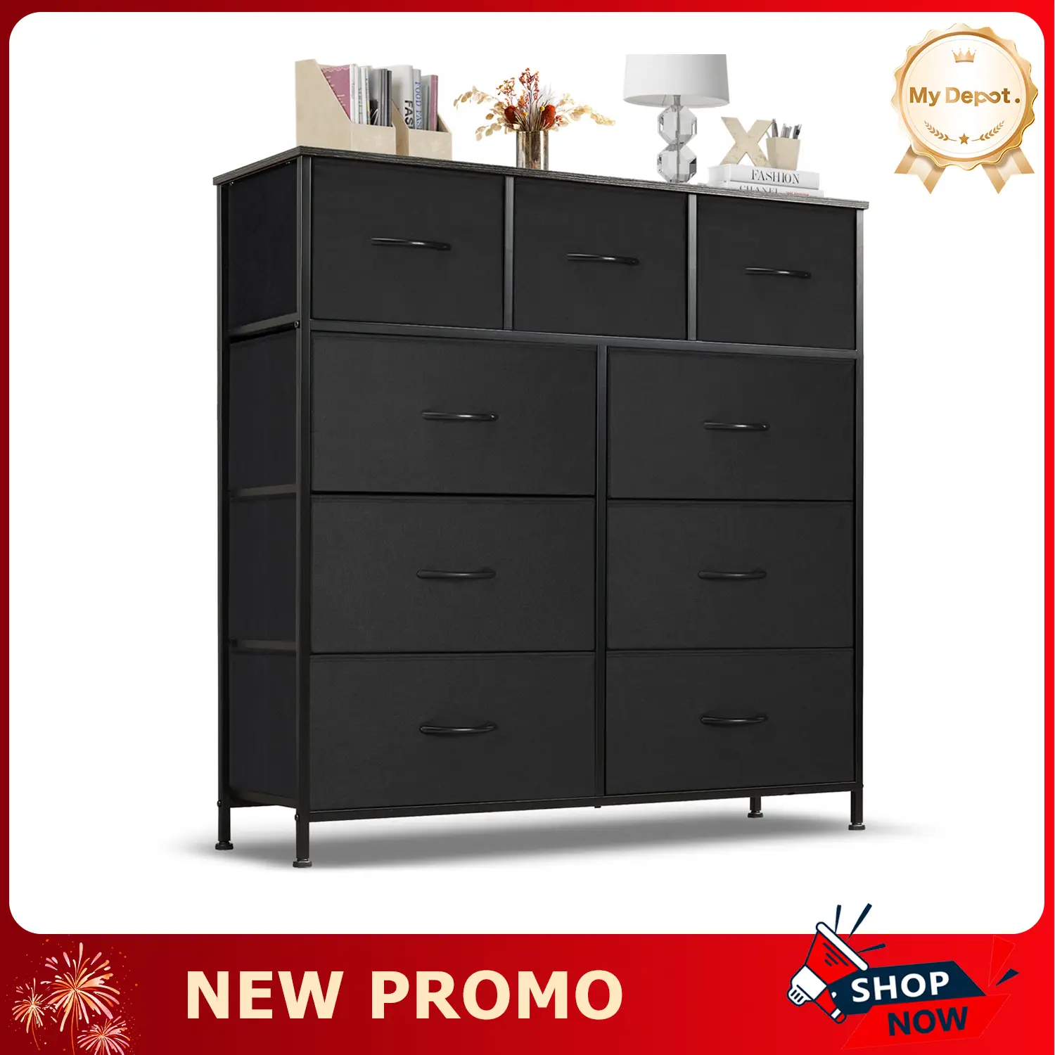 Dresser for Bedroom with 9 Drawers, Clothes Drawer Fabric Closet Organizer Cabinet, Large Chest Storage Tower with Metal Frame and Wood Tabletop