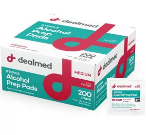 Dealmed 200 Sterile Alcohol Prep Pads Isopropyl Wipes Individually Wrapped Medium Square, 2-Ply for Cuts Scrapes and General Cleansing