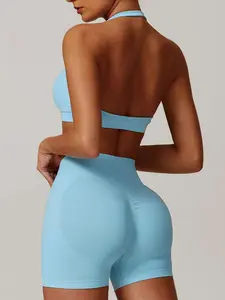 Women's Solid Backless Halter Crop Top & High Waist Shorts Workout Gym Yoga Set, Sporty Breathable Comfy Outfits for Women, Ladies Gym Clothes, Gym Sets, Gym Sportswear