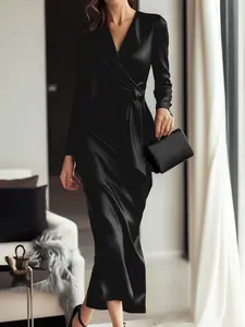 Elegant Women's Long Sleeve Evening Gown, Satin Waist Cinching Fashion Party Dress, Formal Wear, Perfect for Formal Occasions and Night Out