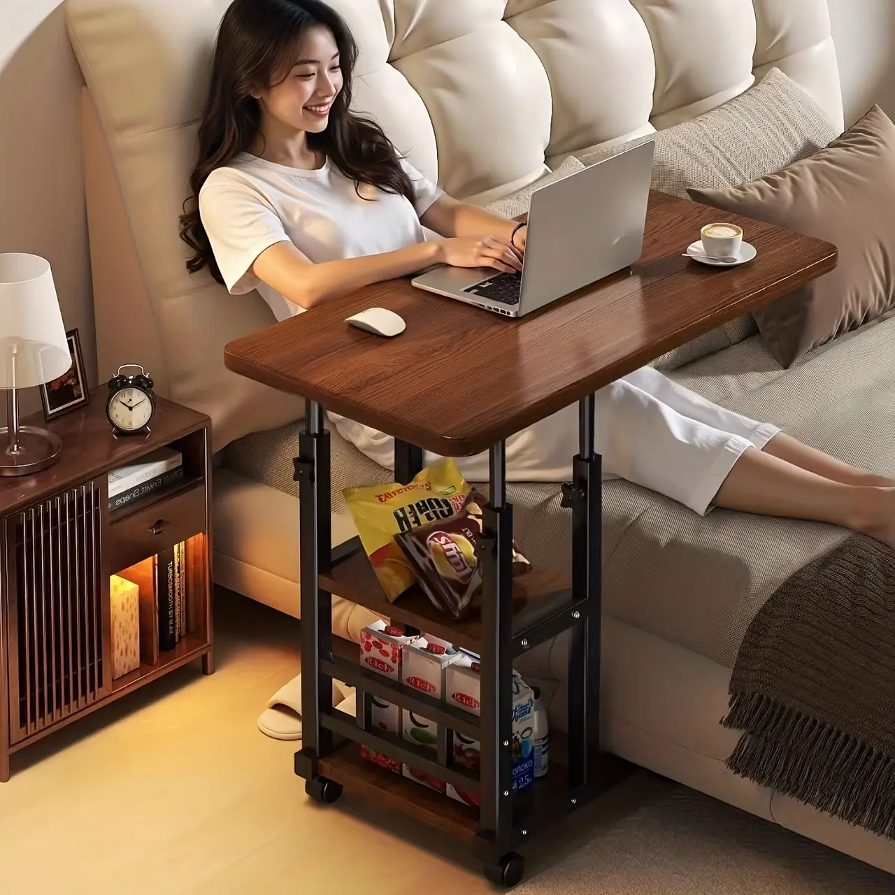 Office Computer Desk Foldable Mobile Table with Adjustable Height, Wheels And Storage Drawers - Space-saving Bed/Sofa Computer Desk, Sturdy Small Work, 3-tier Metal Office Desk for Bedroom, Living Room, Office, Etc.