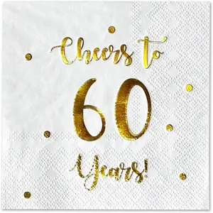 50-Pack 3-Ply 5x5 Inch Folded White Cocktail Napkins Ideal for Happy 60th Birthday and Wedding Anniversary Party Decorations for Men and Women